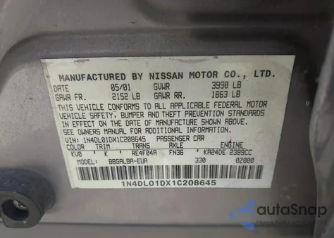2001 Nissan Altima Gxe из США, поврежденный, VIN 1N4DL01DX1C208645